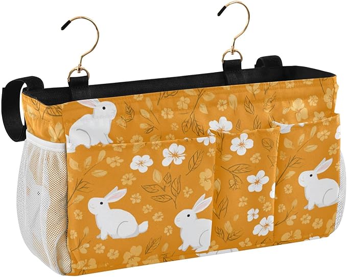 Bedside Caddy Hanging Bunk Bed Caddy Bed Organizer Hanging Pocket with 2 Hooks Bedside Storage Organizer Pocket Bag Holder White Flowers Bunny Orange Leaf