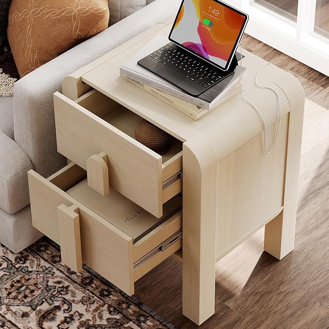 WAMPAT 23.7" Tall Modern Nightstand with Charging Station,Wood Bedside Table w/2 Storage Drawers,Curved Profile Design,Sofa Side Table End Table for Bedroom, Living Room, Beige