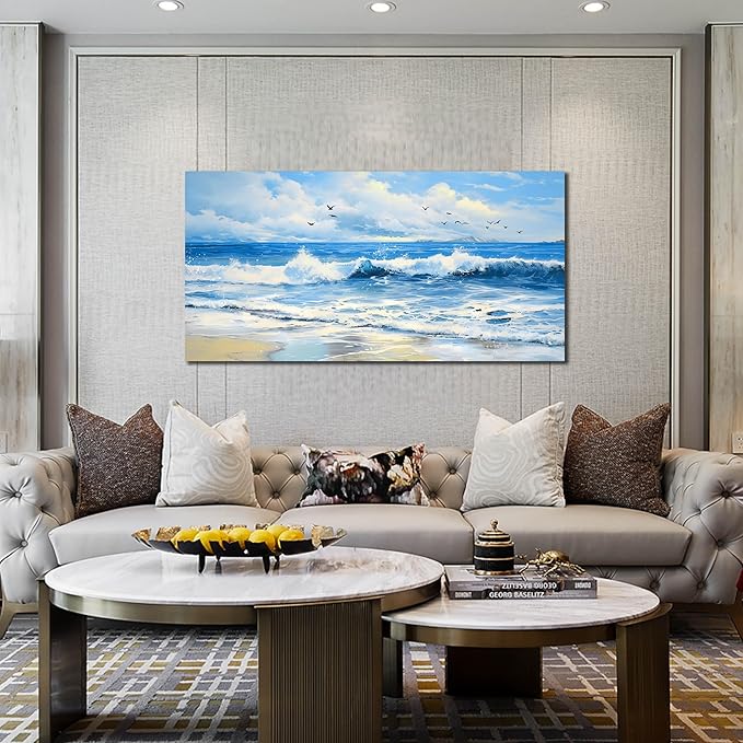 ENTANUB Ocean Wall Art for Bedroom, Sea Wave Wall-Decor for Living Room, Blue Picture Print, Size 48x24 Inches