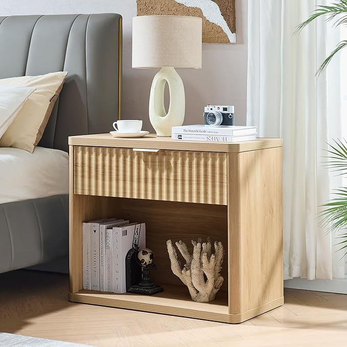 LEYAOYAO 31" Wide Fluted Nightstand with Charging Station, Oversized Extra Large 1 Drawer Night Stand with Golden Handle, Natural Wood Bedside Table Tall End Tables,for Bedroom, Living Room, Hallway