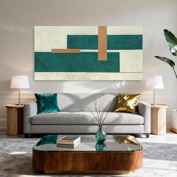 YETHEN WAL Teal Green Abstract Canvas Wall Art Geometric Textured Wall Decor Minimalist Modern Rectangular Art for Living Room Bedroom Office 24x48 Inch