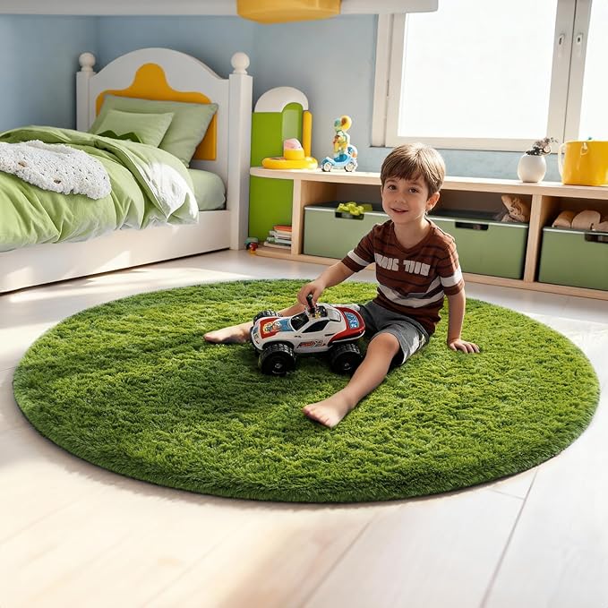 Ophanie Round Rug 5Ft Green Circle Area Rug, Green Room Decor, Fluffy Fuzzy Bedroom Carpet, Plush Soft Shaggy Living Room Rugs for Kids Home Decor Aesthetic, Nursery
