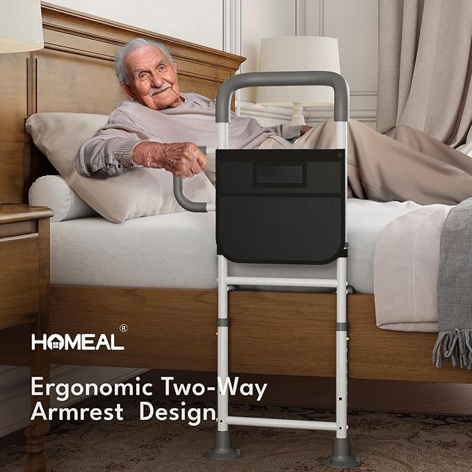 HOMEAL Bed Rails for Elderly Adults Safety, Reinforced Bedrails for Elderly Adults with Ergonomic Grab Bar Bed Handrails, 3-Ways Adjustable Bedside Assist Bed Cane Guard Railings for Seniors(Black)