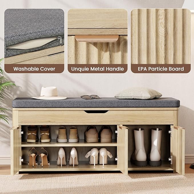 Shoe Bench with Storage - Lift Top Entryway Bench with Hidden Storage, Shoe Rack with Adjustable Shelves and Cushioned Seat, Wooden End of Bed Bench for Bedroom, Living Room and Hallway,Nature