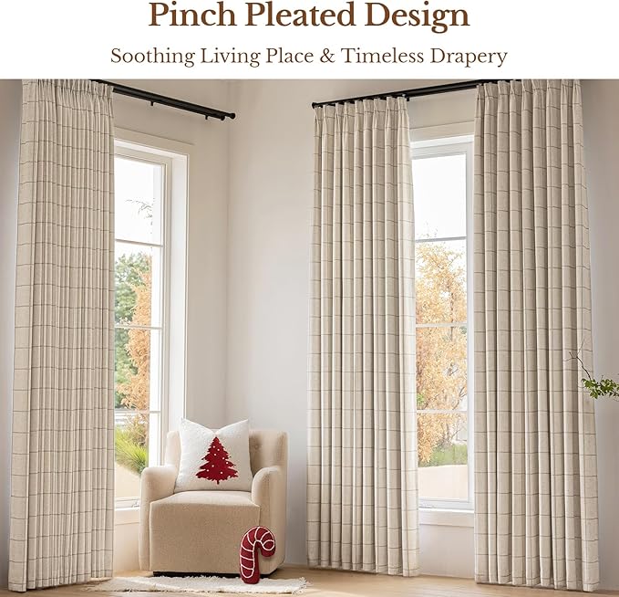 Plaid Pinch Pleated Curtains - Modern Luxury Linen Buffalo Blackout Drapes, Thermal Insulated Double Layer Window Panels for Living Room Bedroom, 120 Inches Long Brown 2 Panels Set