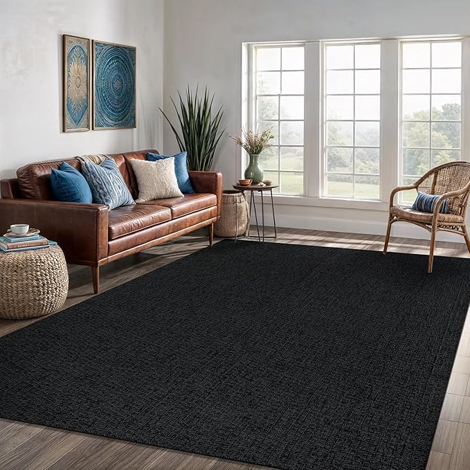 Easy Jute Rug 5x7 Indoor Outdoor Natural Rugs Solid Fiber Rug Woven Area Rug Boho Easy Clean Inside Carpet for Living Room Bedroom Dining Room Hallway or Outdoor Patio Porch (5 X 7 Dark Grey)