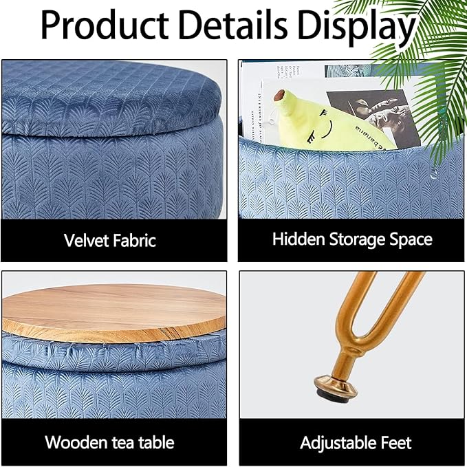 Cpintltr Foot Stool Velvet Storage Ottoman with Removable Lid Round Sofa Stools Foot Rest with Padded Seat Modern Style Makeup Stool Decorative Furniture Suitable for Lounge Dorm Room Bluish Grey