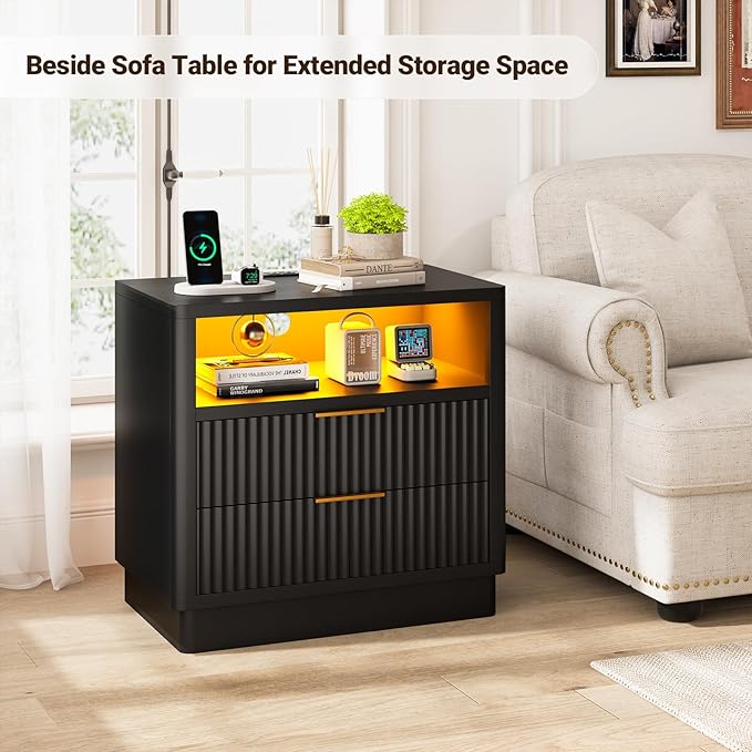 ELYKEN Black Fluted Nightstand with Charging Station & LED Light, 24" Wide Wood Night Stand for Bedroom, 2 Drawer Bedside Table with USB & Type-C Port for Bedroom