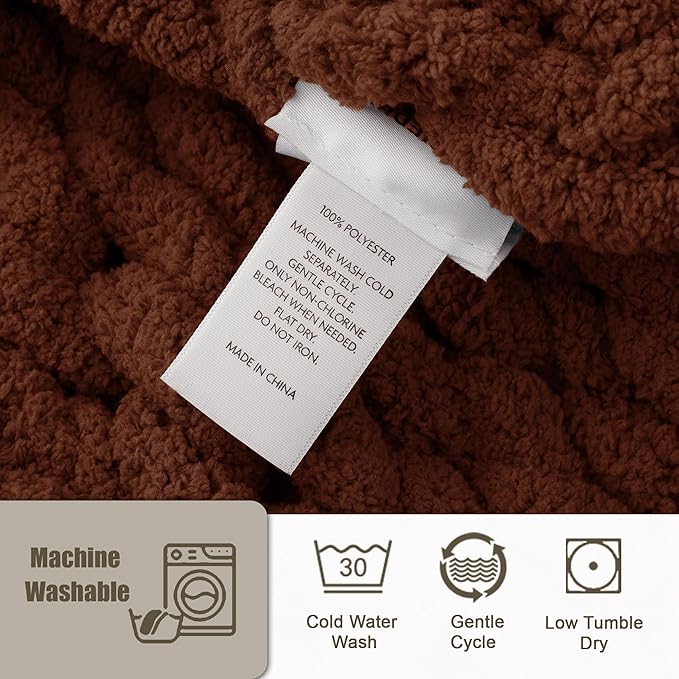 Chunky Knit Throw Blanket 50"X 60", 100% Handmade with Soft Chenille Yarn, 4.4lbs Thick Cable Knitted Blankets, Large Rope Knot Crochet Throws for Couch Sofa Bed Home Decor, Dark Brown