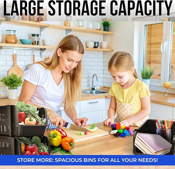 Skywin TidyFriend Stackable Storage Bins for Pantry - 4 Pack Large Stackable Bins for Organizing Food, Kitchen, and Bathroom Essentials (Black)