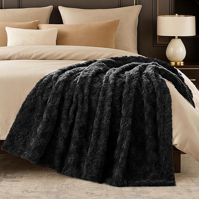 Cozy Bliss Faux Fur Throw Blanket for Couch, Fuzzy Soft Plush Thick Warm Fluffy Reversible Wave Textured Blanket for Sofa Bedroom Living Room, 55 * 70 Inches Black