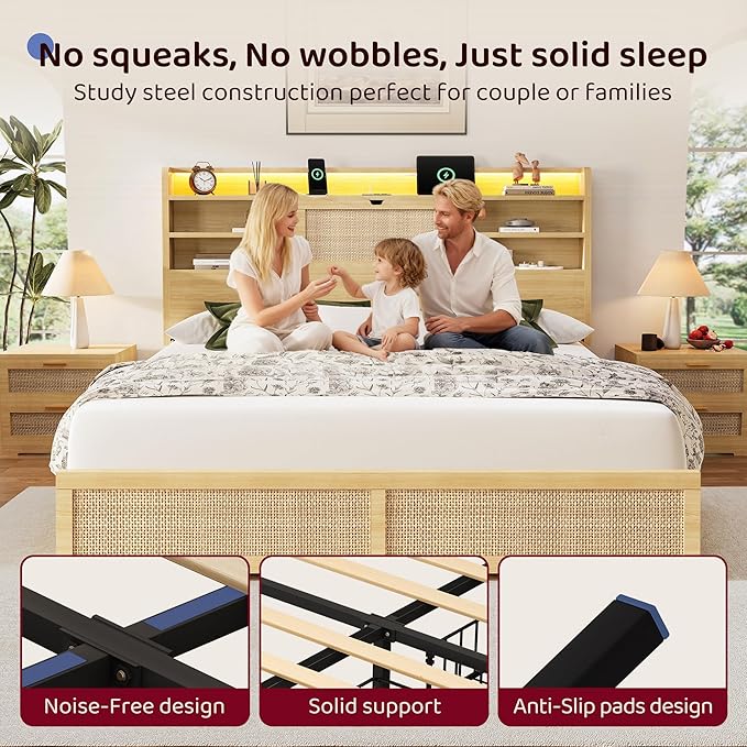 King Size Rattan Bed Frame with 4 Storage Drawers and Hidden Storage Headboard Wooden Platform Bed Frame with LED Lights and Charging Station, No Box Spring Needed, Easy Assembly, Natural