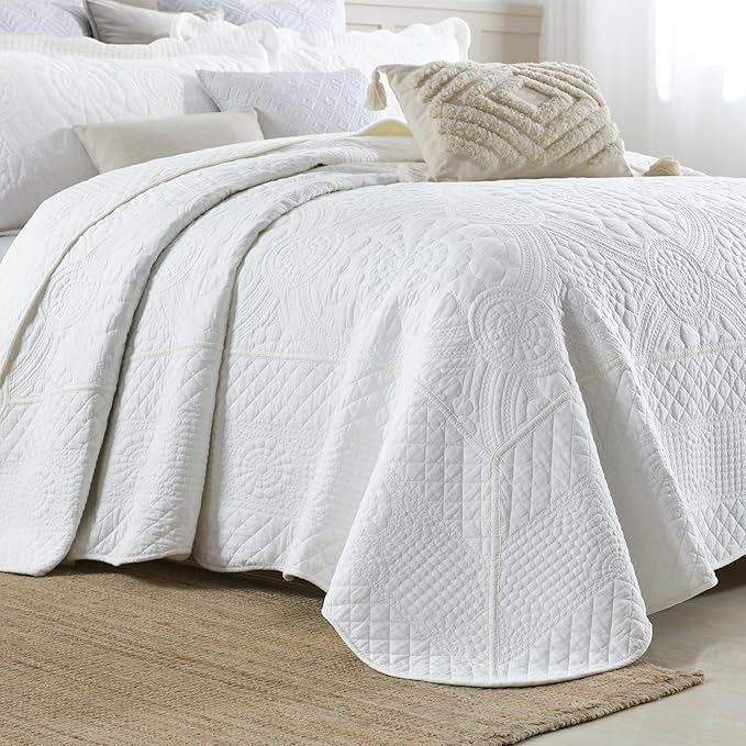 MarCielo 3-Piece 100% Cotton Oversized Bedspread Lightweight Quilt Coverlet Embroidery Farmhouse Bedding (Tf Bright White, Oversized King (118"x106"))