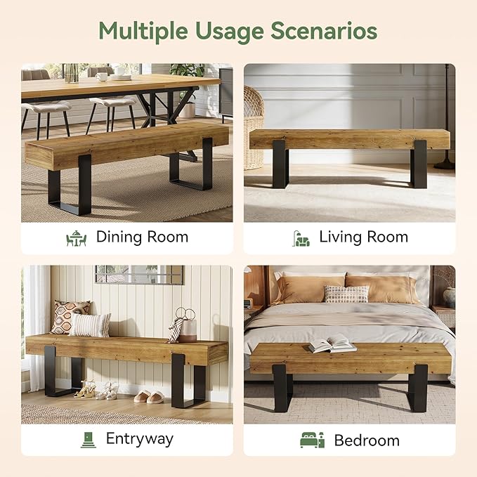 Solid Wooden Bed Bench, 63" Entryway Bench for Indoor Space, Farmhouse End of Bedroom Seat, Long Dining Seat for Dining Room, Entry, Mudroom