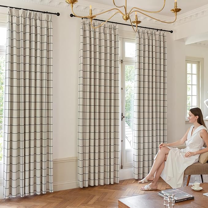 Plaid Pinch Pleated Curtains - Modern Luxury Linen Buffalo Blackout Drapes, Thermal Insulated Double Layer Window Panels for Living Room Bedroom, 95 Inches Long Black 2 Panels Set