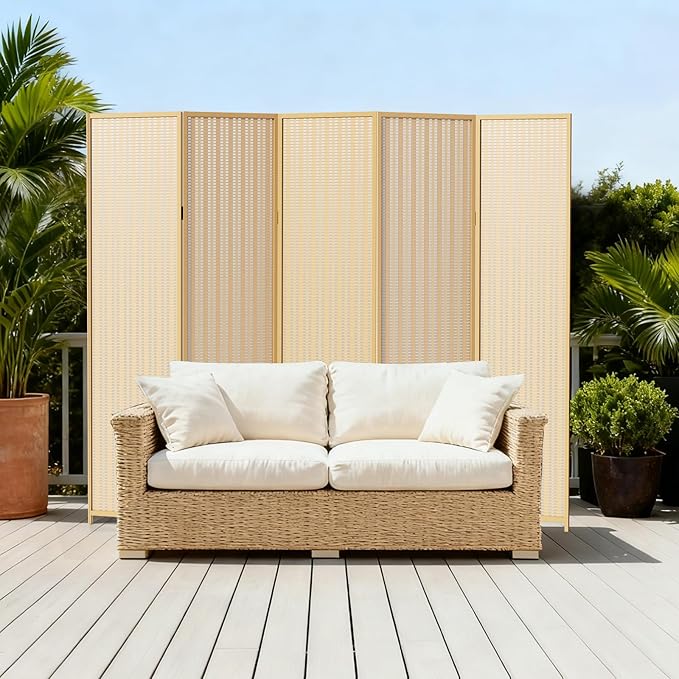 5 Panel Room Divider and Extra Wide Folding Privacy Screen, 79" W x 67" H, Bamboo Room Divider for Room Separation.