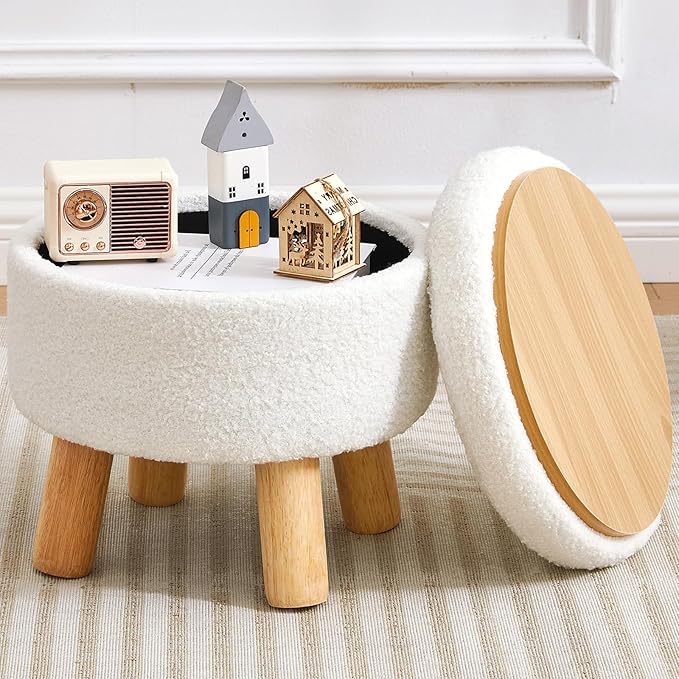 FIMIVIBI Small Ottoman with Storage, Small Storage Ottoman Round, Sherpa Foot Stool with Legs, Ottomans and Footstools for Living Room and Entryway (White)