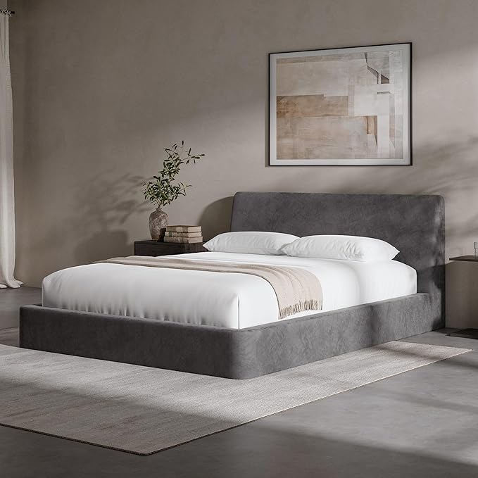 RECCI Cloud Queen Bed Frame with Ergonomic Angled Foam Cushioned Headboard, Minimalist Design Platform Bed Frame, No Box Spring Needed, Easy Assembly (Moon Grey)