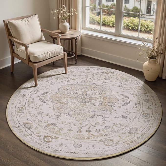 PADOOR 6FT Round Rug,Rugs for Living Room,Soft Beige Circle Rug,Machine Washable Rugs for Bedroom,Non Slip Carpet,Rug for Dining Room Living Room Bedside Office
