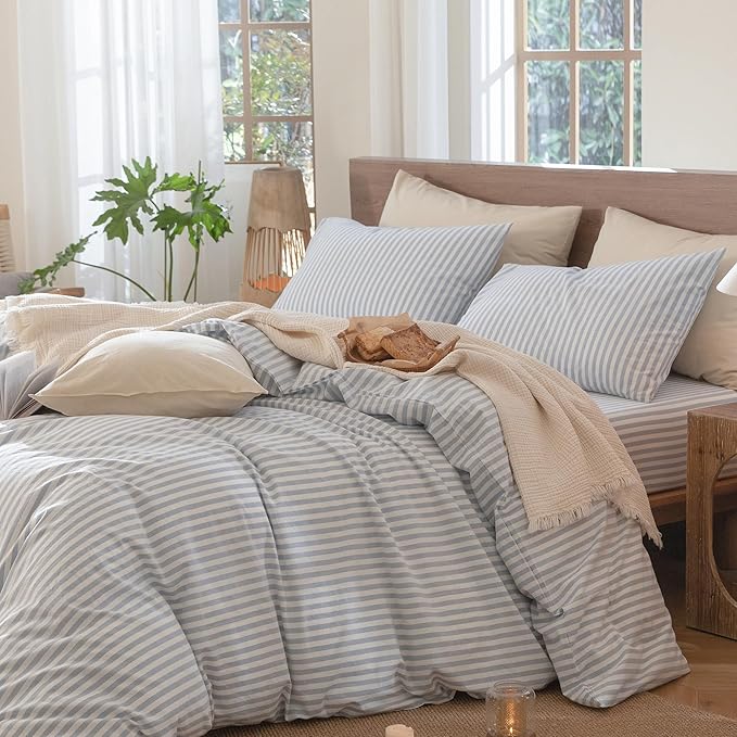 MooMee Striped Duvet Cover Set 100% Washed Cotton Linen Like Textured Breathable Durable Soft Comfy (Cornflower Blue White Classic Stripes, Full 80"x90")