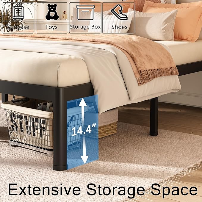 FUIOBYVV Queen Bed Frame with Round Corner Edge Legs 16 inch High 3500 lbs Heavy Duty Metal Platform Bed Frame Queen Size No Box Spring Needed/Non-Slip/Steel Slat Support/Noise Free