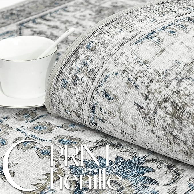 jinchan Kalen Area Rug 8x10 Washable Living Room Rug Vintage Indoor Large Floor Cover Retro Accent Mat Distressed Floral Country Boho Non Slip Thin Carpet for Bedroom Dining Room Office Blue Multi
