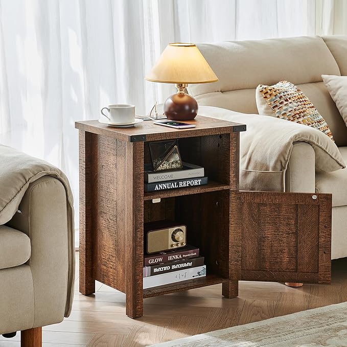 Joaxswe Night Stand with Charging Station and USB Port, 18 Inch Farmhouse Nightstand with Storage Shelf, Rustic Wood Bedside Table with Magnetic Door, Bed Side Tables for Bedroom, Reclaimed Barnwood