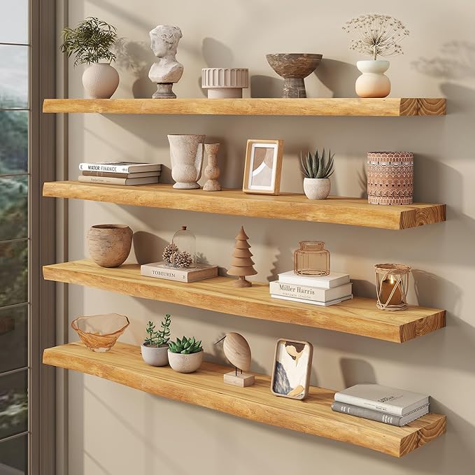 fuqing Live Edge Floating Shelves for Wall 48 inch, 8 Inch Deep Solid Elm Wood Floating Wall Shelves - Rustic Wooden Shelves with Invisible Brackets for Living Room Bedroom Kitchen, 1 Pack, Natural