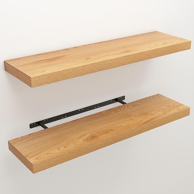 Floating Shelves for Wall, 9.3" Deep Wall Mounted Wood Shelves for Bathroom, Bedroom, Living Room, Kitchen, Hanging Shelf for Books/Storage/Room Decor (Oak, 36")