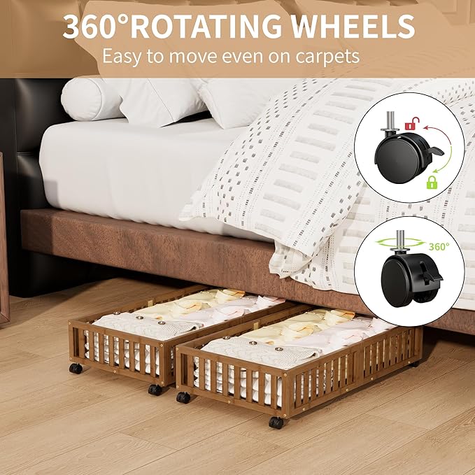 Bamboo Under Bed Storage with Wheels,Rolling Underbed Shoe Organizer Box for Shoes,Blankets,Toys,Clothes Container Space-Saving Bins for Bedroom,Closet,Dorm,Nursery