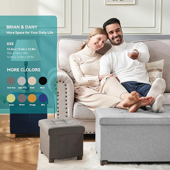 BRIAN & DANY Small Ottoman with Storage, Small Storage Ottoman, Folding Foot Stool with Wood Legs for Living Room and Bedroom Linen Rest Seat, 12.6"x12.6"x12.8" - Light Gray