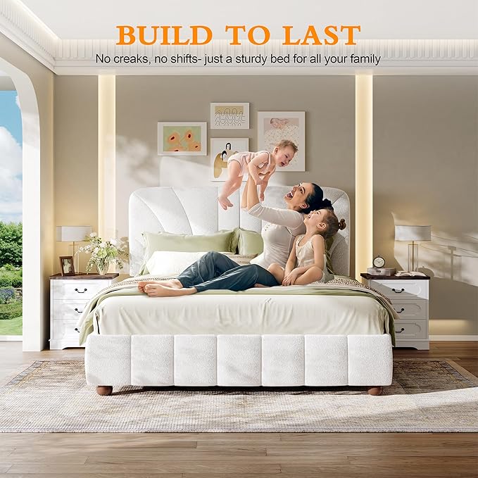 Full Size Boucle Bed Frame Upholstered Bed Frame Full with Adjustable Headboard, Solid Wood Slats Support, Bed for Bedroom Apartment, Dorm, No Box Spring Needed, Easy Assembly, Noise-Free, Cream