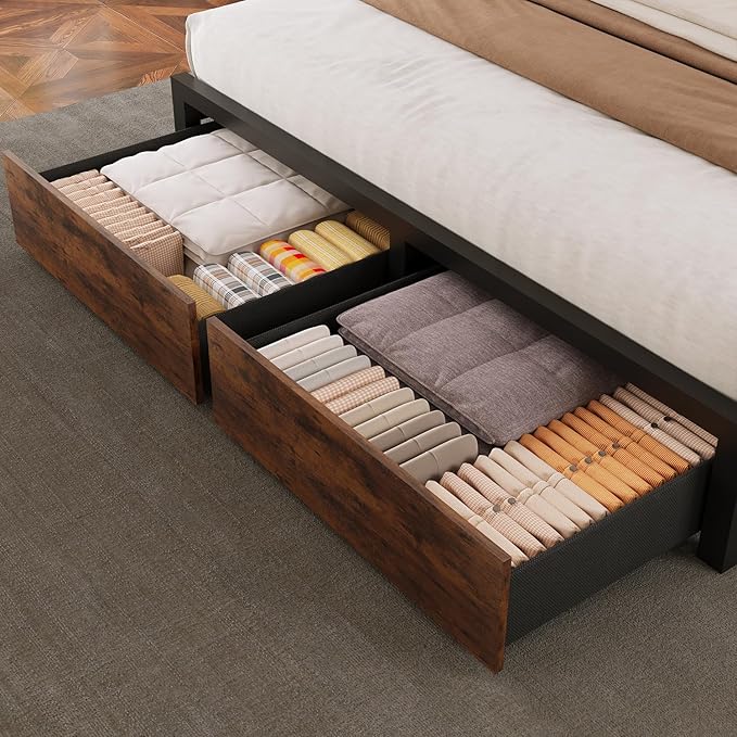 Farmhouse Queen Bed Frame with Bookcase Storage Headboard, Charging Station, LED Light and 2 Storage Drawers, Noise Free, No Box Spring Needed, Brown