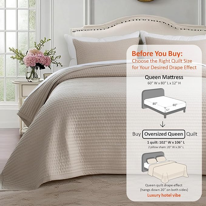KASENTEX Oversized Queen Quilt Set 102"x106" – Soft Washed 3-Layer Lightweight Bedspread, Minimalist Nordic Design, All-Season Spring & Summer Quilt Set (1 Quilt + 2 Pillow Shams),Light Taupe