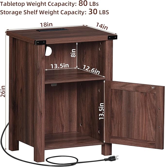 Joaxswe Night Stand, 18 Inch Farmhouse Nightstand with with Charging Station and USB Port, Rustic Couch End Table with Magnetic Door, Wood Bed Side Tables for Bedroom, Home, Brown Walnut