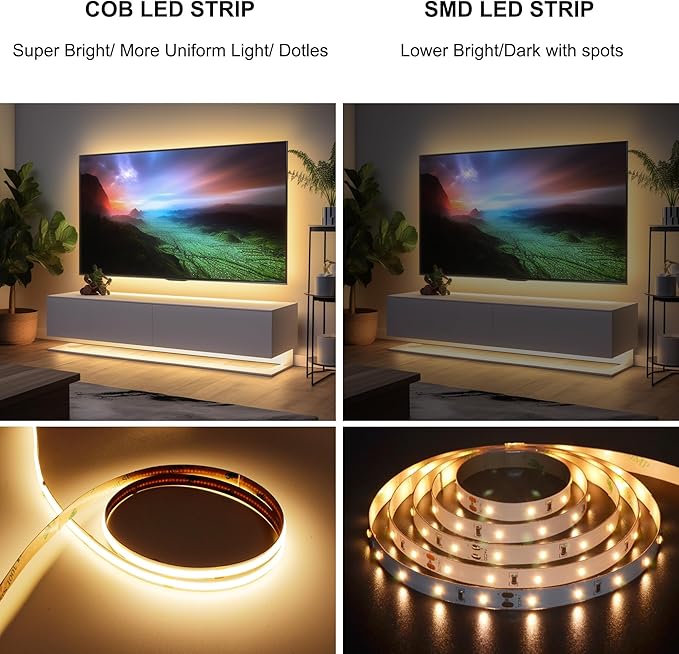 65.6ft COB LED Strip Light Warm White, High Bright LED Strips with 320LEDs, RF Remote and UL Power Supply, 2700K Dimmable LED Lights for Bedroom,Kitchen, DIY Home Decoration, 2 Rolls of 32.8ft