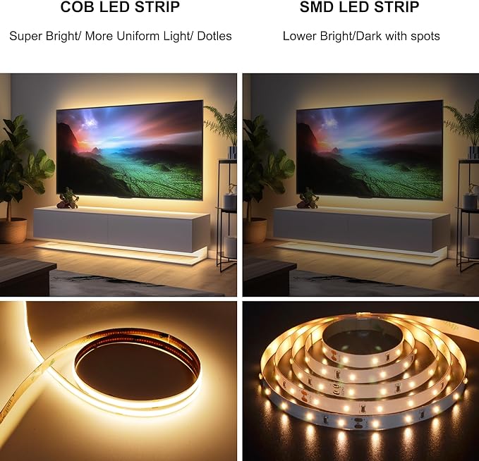 COB LED Strip Lights with RF Remote, 24V 32.8ft Warm White Dimmable LED Light Strips, High Bright 2700K LED Lights with Power Supply for Room, Kitchen, DIY Home Decoration