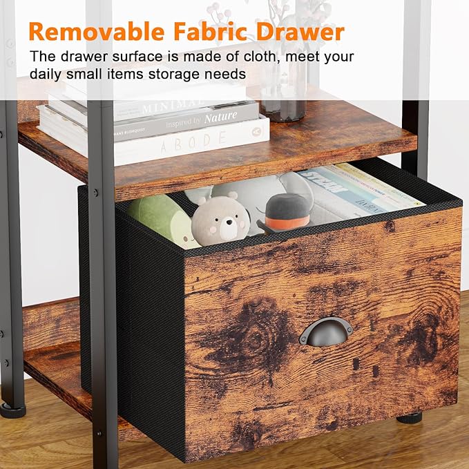 Furologee 3 Tier Bookshelf with Drawer, Small Bookcase with Shelves, Short Wood and Metal Bookshelf Storage Organizer, Industrial Freestanding Shelf Units for Bedroom, Living Room, Dorm, Rustic Brown