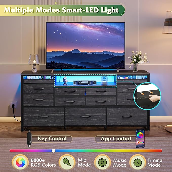 WLIVE Black TV Stand for 55, 60, 65 inch TV, Entertainment Center with LED Lights & Charging Station, TV Media Console Table with 13 Fabric Drawers and Open Shelves for Living Room, Hallway, Wood Top