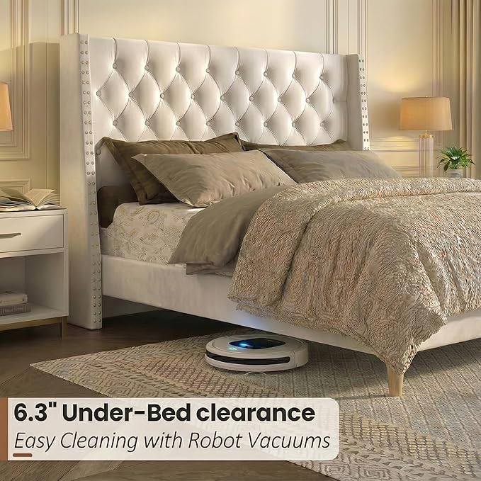 Full Size Bed Frame White Velvet, 47.2" Tall Wingback Headboard with Gold Nailhead Trim, Upholstered Platform Bed with Diamond Tufting, 1000lbs Heavy Duty Support, No Box Spring Needed