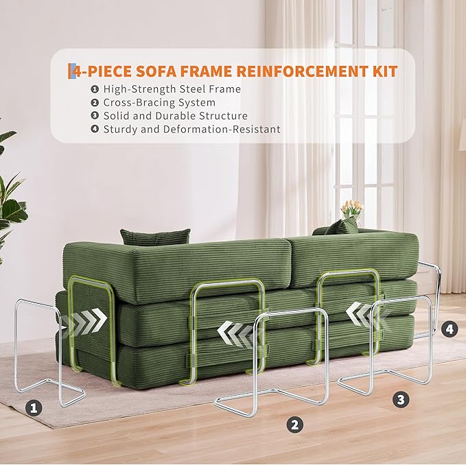 Garvee 5-in-1 Convertible Sofa Bed, 78.8" Modular Corduroy Sleeper with Sturdy Frame & No Assembly, Multi-Functional Futon for Small Space, Living Room & Guest Room (Green)