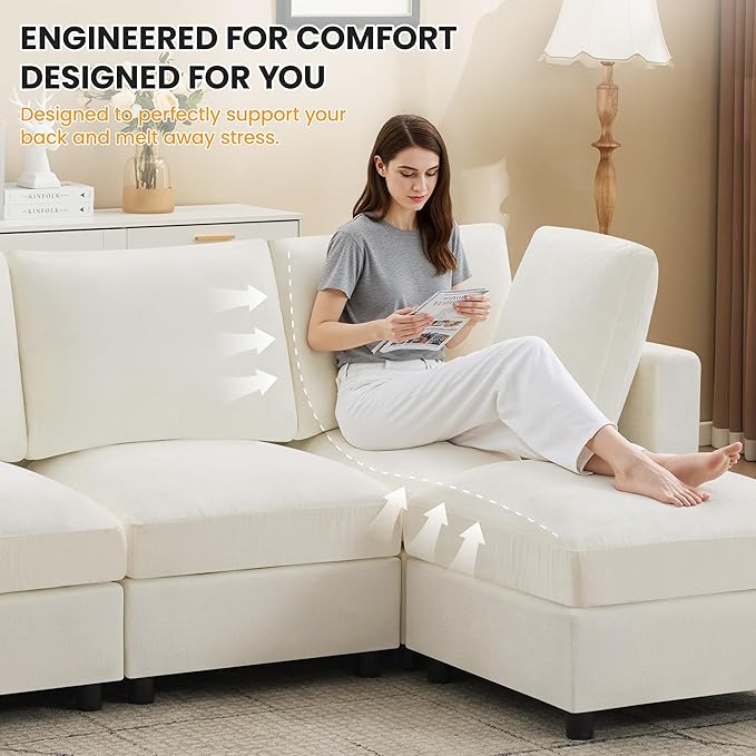 89'' 3-Seater Modular Sectional Cloud Sofa with Ottoman, L-Shaped Couch for Living Room, Modern Convertible Deep Seats Sofa, Chenille Beige