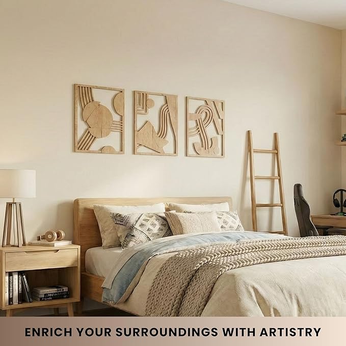 qmmp Modern Wooden Wall Sculptures - Set of 3 - Home Decor Accent - Large Wall Art for Living Room, Bedroom, Office - Easy Installation (Oak, Large - Abstract Shapes)