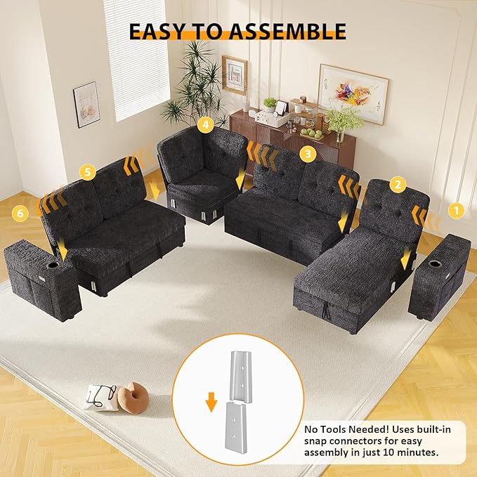 Modular Sectional Sleeper Sofa with Pull Out Bed, U Shaped 7 Seat Sectional Couches for Living Room, 108 Inch Sofa Bed with Adjustable Backrest | Hidden Storage | Wide Armrest | Navy Blue