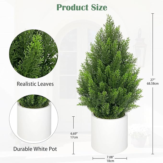 Briful 27” Artificial Cedar Topiary Tree in White Planter – Realistic Faux Evergreen Floor Plant with Layered Leaves, Decorative Indoor Outdoor Potted Shrub for Home, Office, Patio, Porch