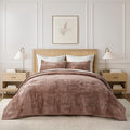 EVERGRACE Velvet Quilt Set King Size, Luxurious Soft Striped Channel Bedding Set, Lightweight Velvet Comforter for All Season, Oversized Bedspread Coverlet with 2 Matching Shams, Terracotta Clay