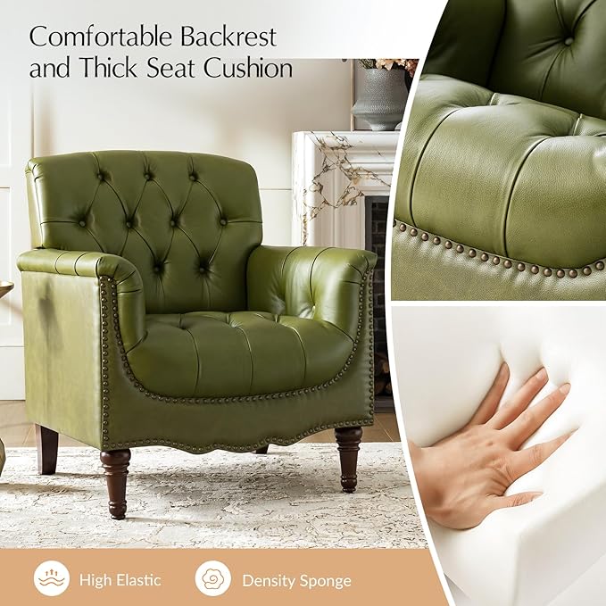 HULALA HOME Mid Century Modern Leather Club Chairs Set of 2, Top-Grain Genuine Leather Armchairs with Button-Tufted Back & Solid Wood Legs, Accent Chairs for Living Room/Bedroom/Home Office, Olive