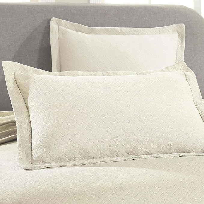 Superior 2 Piece Basketweave Cotton Bedspread Set, Home Bed Decor, Decorative Bed Spread, 1 Pillow Sham, Medium Weight Blanket, Matelasse Coverlet Bedding, Geometric Lattice Pattern, Twin, Ivory