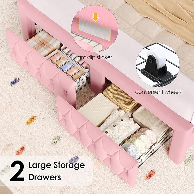 Keyluv Full Bed Frame with LED Lights and 2 Storage Drawers, Velvet Upholstered Platform with 47" Tall Arc-Shaped Wingback Headboard and Button Tufted Design, No Box Spring Needed, Noise-Free, Pink