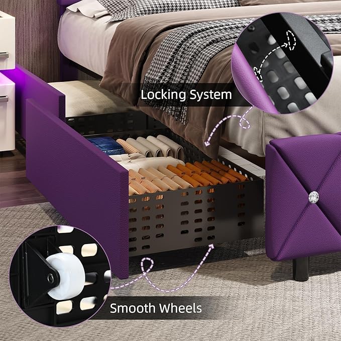 BarnFurin Full Size Bed Frame with Headboard, Faux Leather Upholstered Bed with Diamond Tufted Design, Mordern Bed Frame with Wooden Slats Suppor, No Box Spring Required, Easy Assembly, Purple